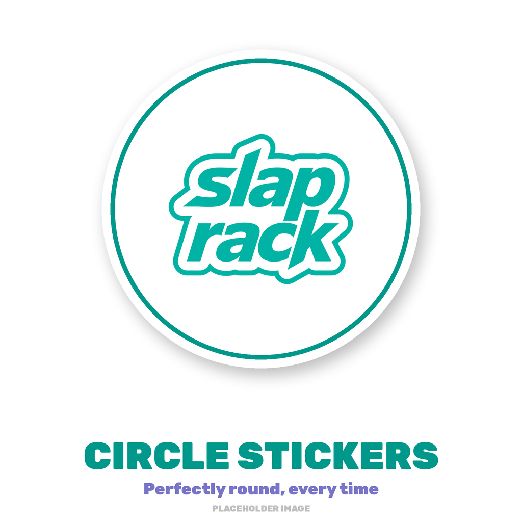 Placeholder image: round white circle sticker with a teal ring and teal SlapRack logo on a white background