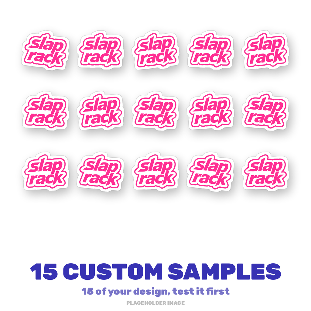 Placeholder image: 15 identical small hot pink die cut SlapRack sample stickers on a white background