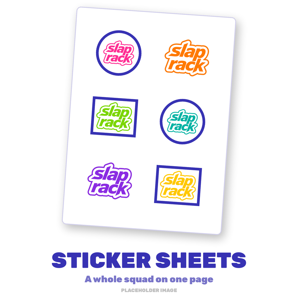 Placeholder image: sticker sheet with six kiss cut SlapRack stickers in pink, orange, lime, teal, purple and yellow on a white background