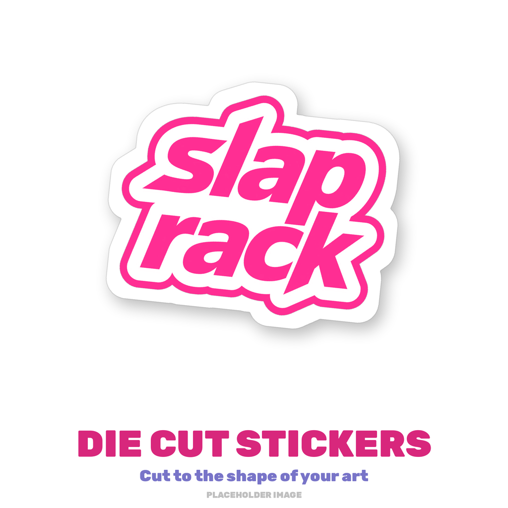 Placeholder image: hot pink SlapRack logo die cut sticker with a white contour border on a white background