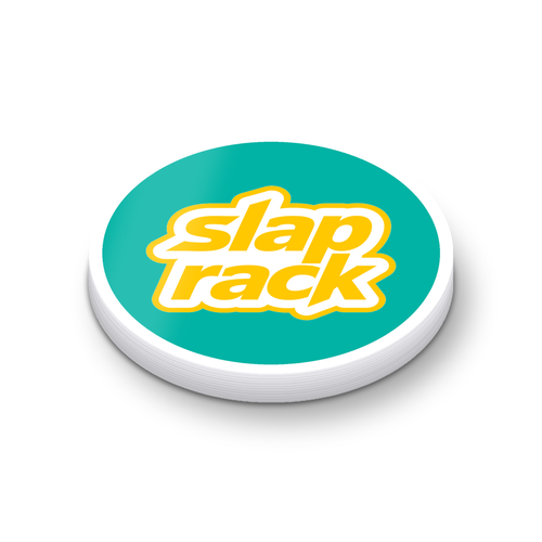 Stack of round circle stickers with the SlapRack logo, white background
