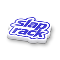 Thick stack of die-cut SlapRack logo stickers with white stacked edges on a white background