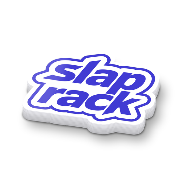 Thick stack of die-cut SlapRack logo stickers with white stacked edges on a white background