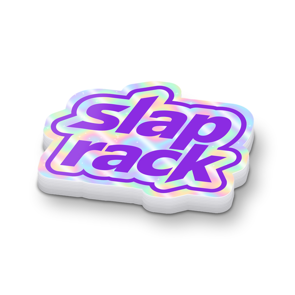 Stack of holographic die-cut SlapRack logo stickers with rainbow sheen, white background