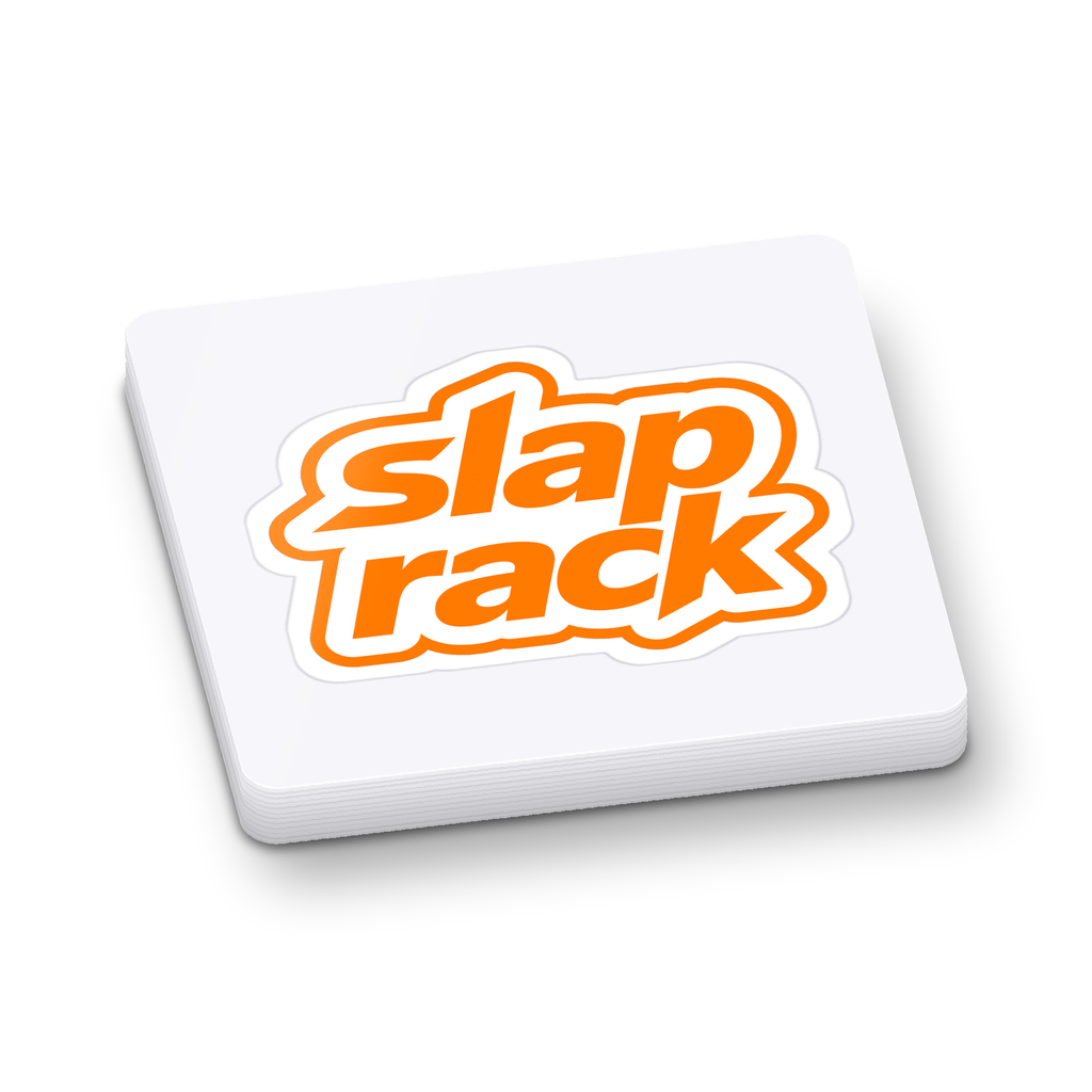 Stack of kiss-cut SlapRack stickers on square backing sheets, white background