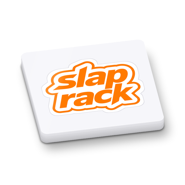Stack of kiss-cut SlapRack stickers on square backing sheets, white background