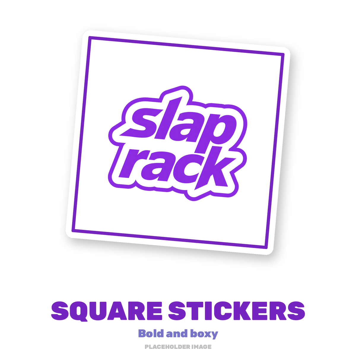 Placeholder image: square white sticker with a purple border and purple SlapRack logo on a white background