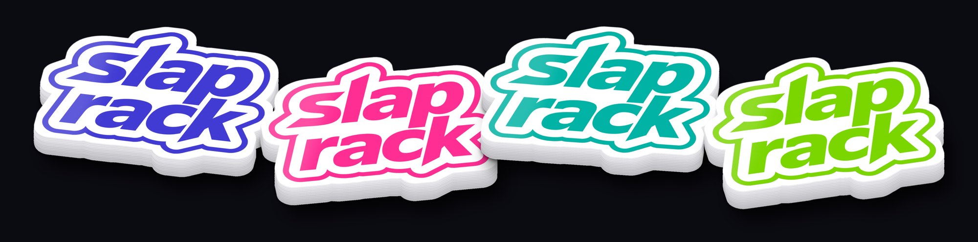 Stacks of SlapRack logo stickers in blue, pink, teal and lime